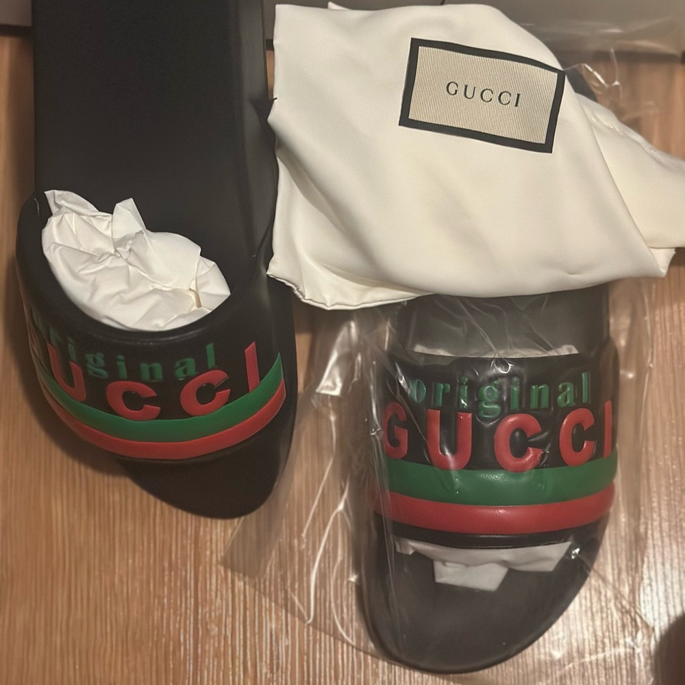 Authentic Gucci Black Slides with Red and Green Accents with dust bag